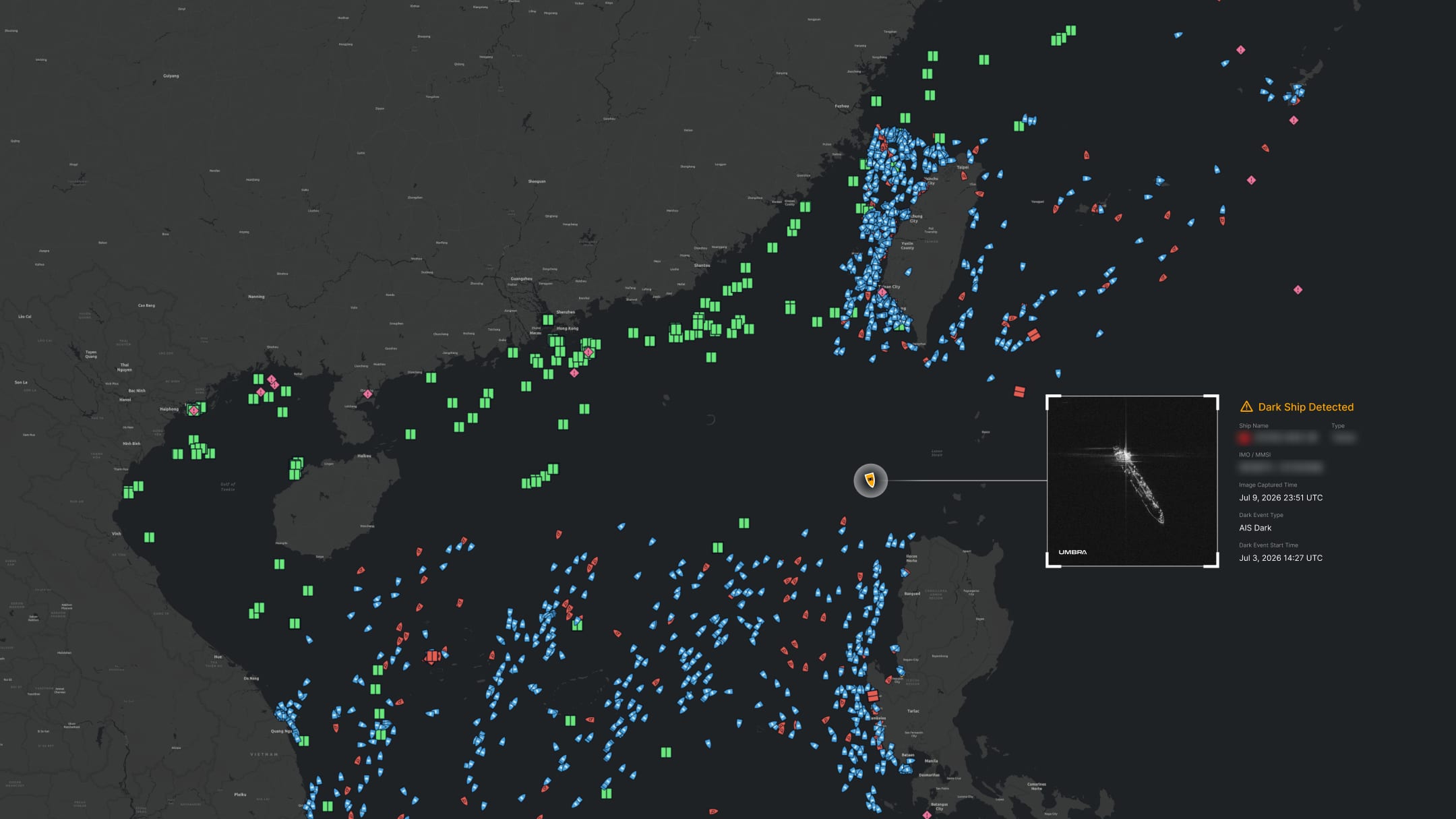 Theia map of the South China Sea with a dark ship detected, confirmed by SAR satellite imagery after the vessel switched off AIS