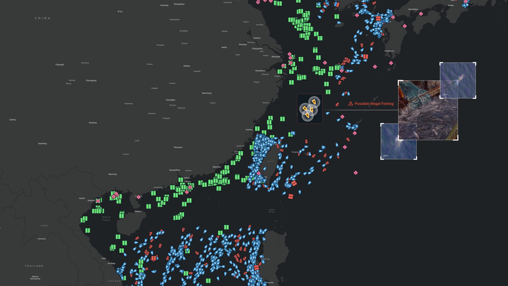 Theia flagging possible illegal fishing, with satellite imagery of a fishing fleet working the East China Sea