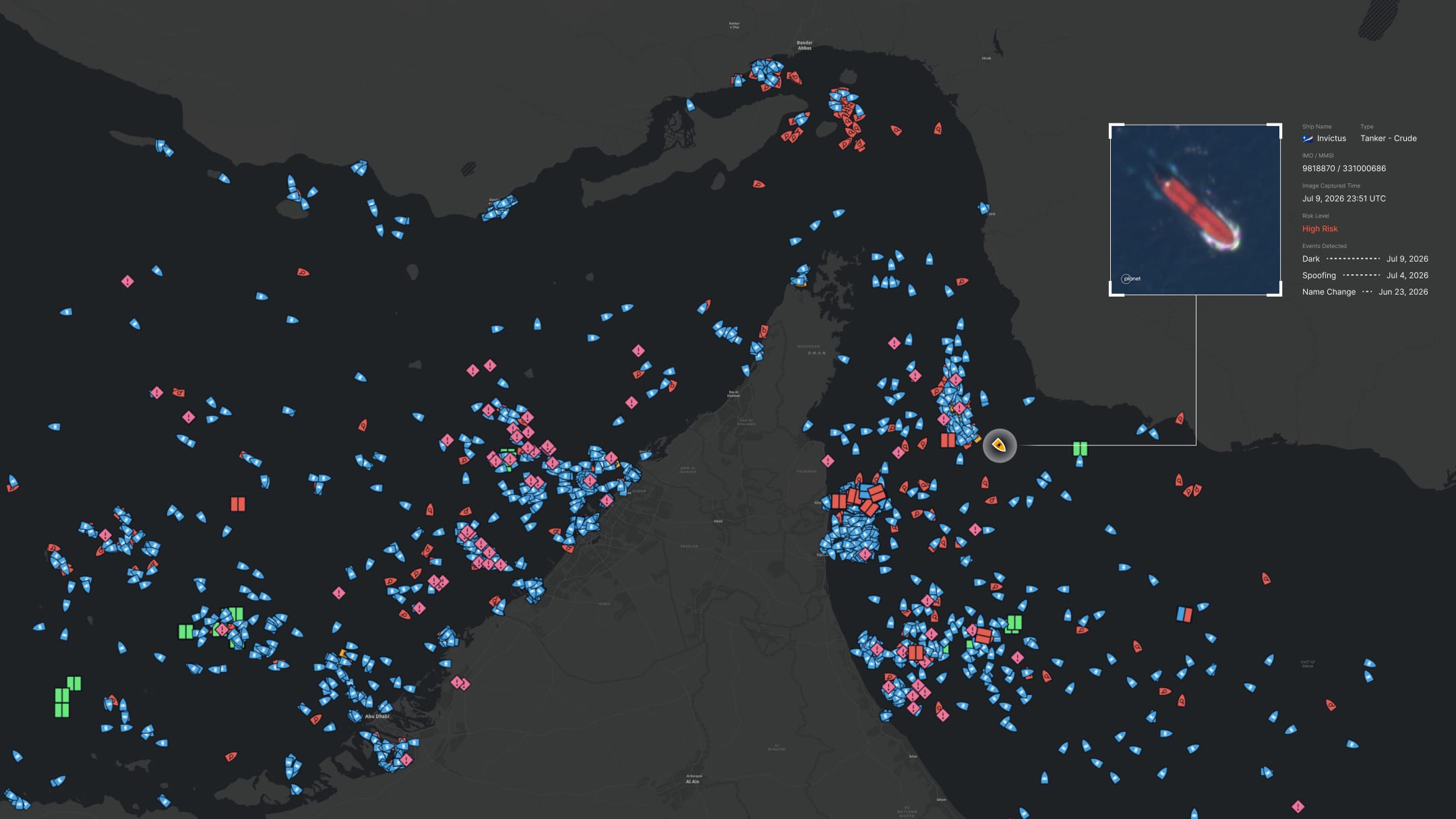 Theia vessel profile showing a high-risk crude tanker with a history of going dark, spoofing and changing name