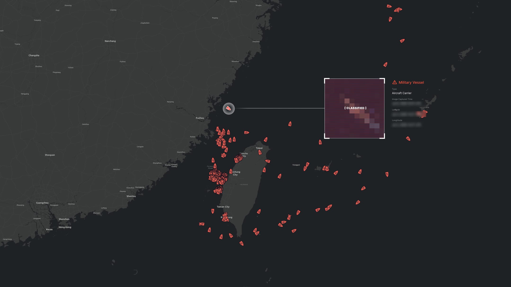 Theia tracking naval activity around the Taiwan Strait, with satellite confirmation of an aircraft carrier