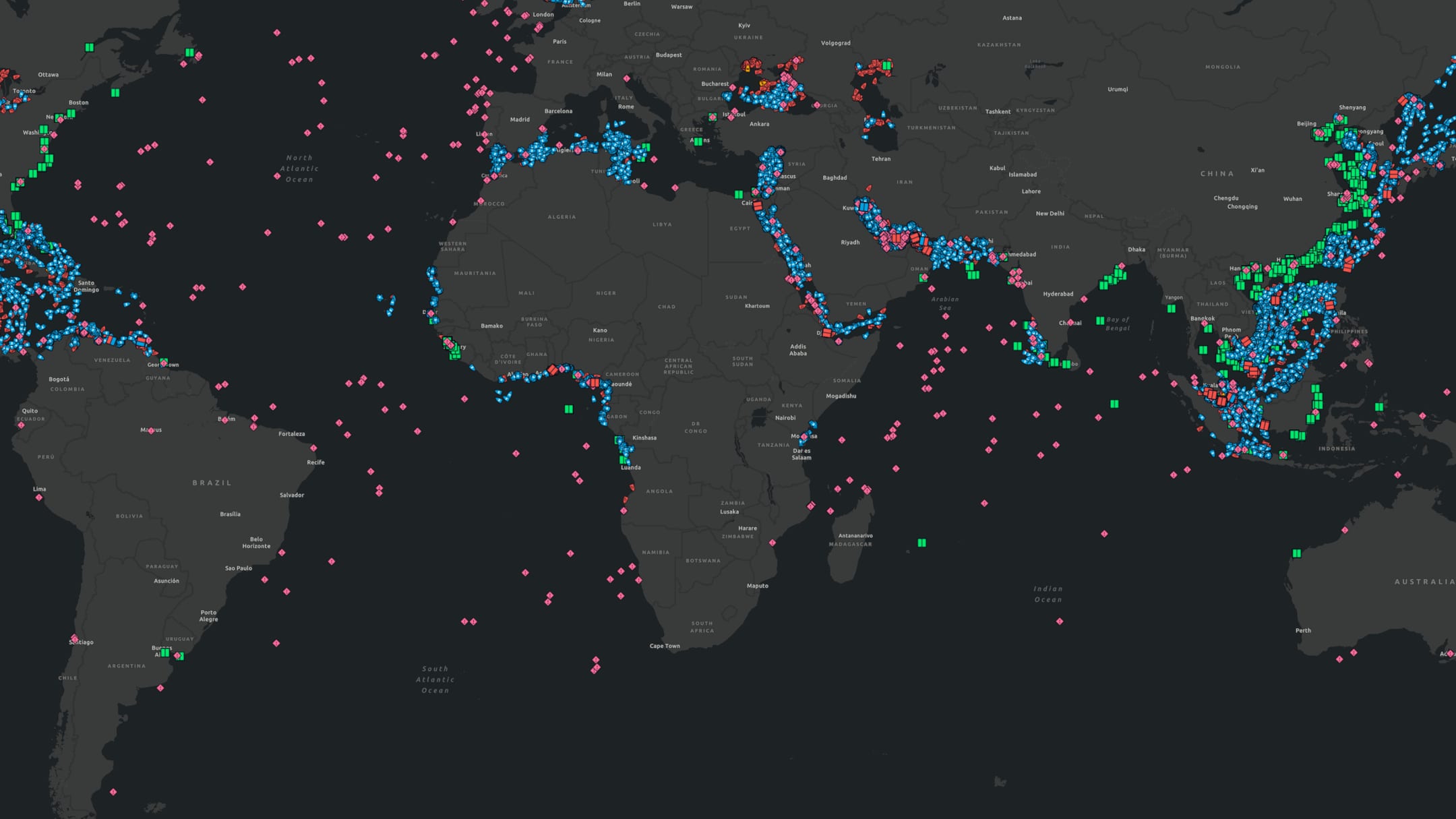 The Theia maritime intelligence platform showing live vessel traffic across every ocean