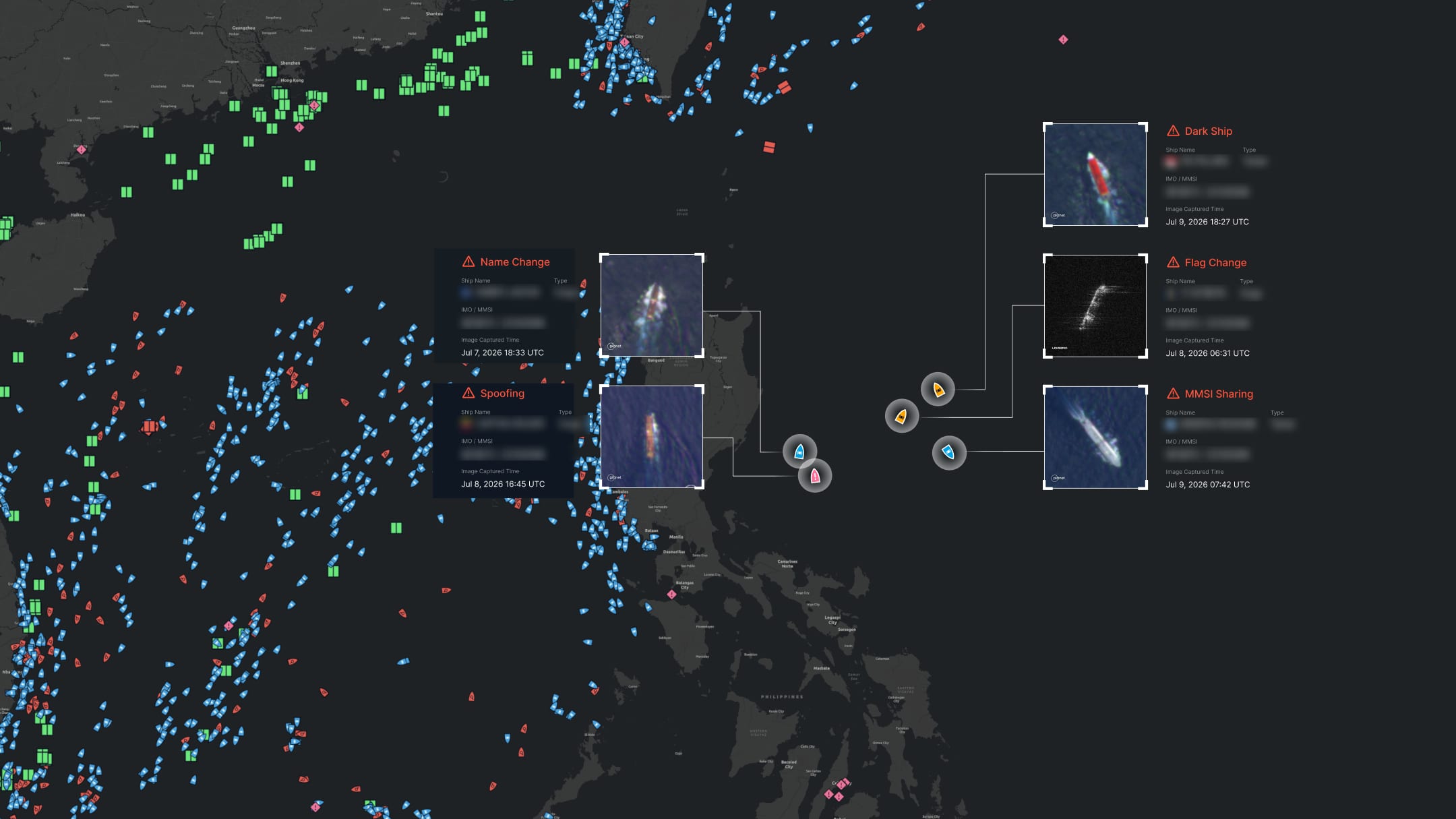 Vessel attribution in Theia, with satellite imagery evidencing a name change, spoofing, flag change and MMSI sharing
